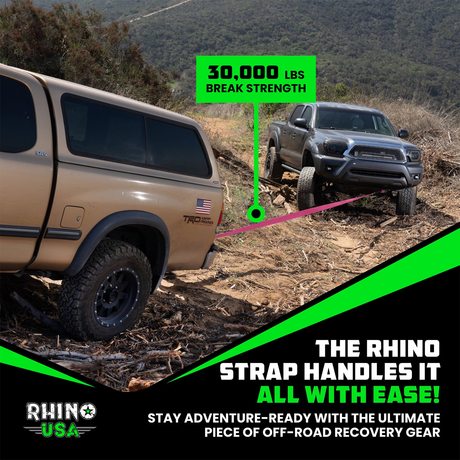 Rhino USA 3 inch recovery tow strap pulling a stuck truck off a rocky trail with 30,000 lb break strength