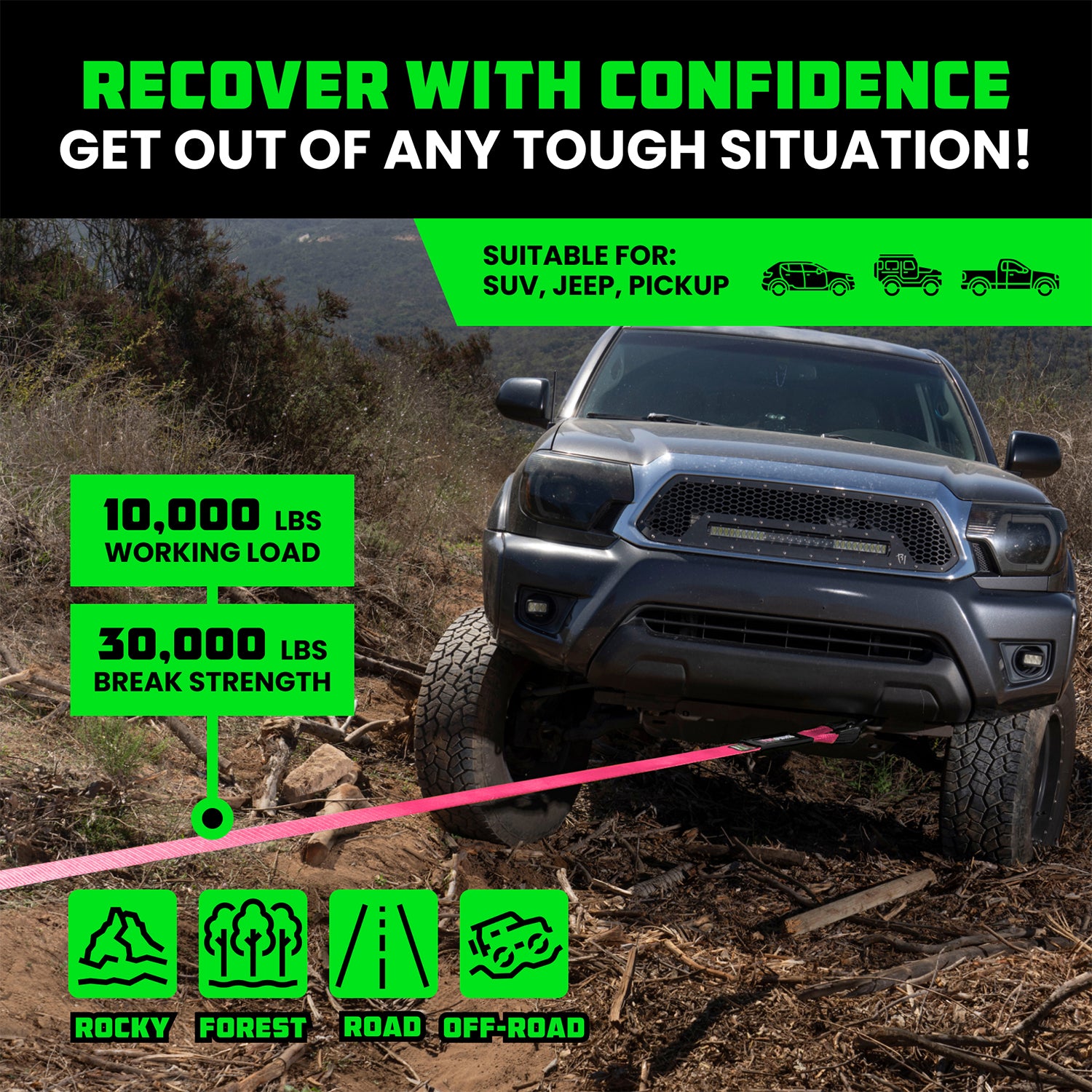 Recover with confidence using Rhino USA 3 inch recovery tow strap with 10,000 lb working load and 30,000 lb break