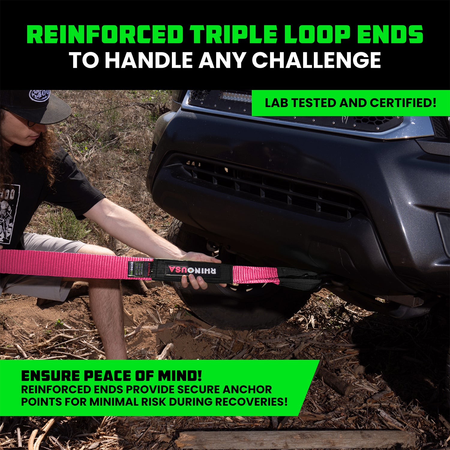 Reinforced triple loop ends on Rhino USA 3 inch recovery tow strap attached to a truck for secure anchor point