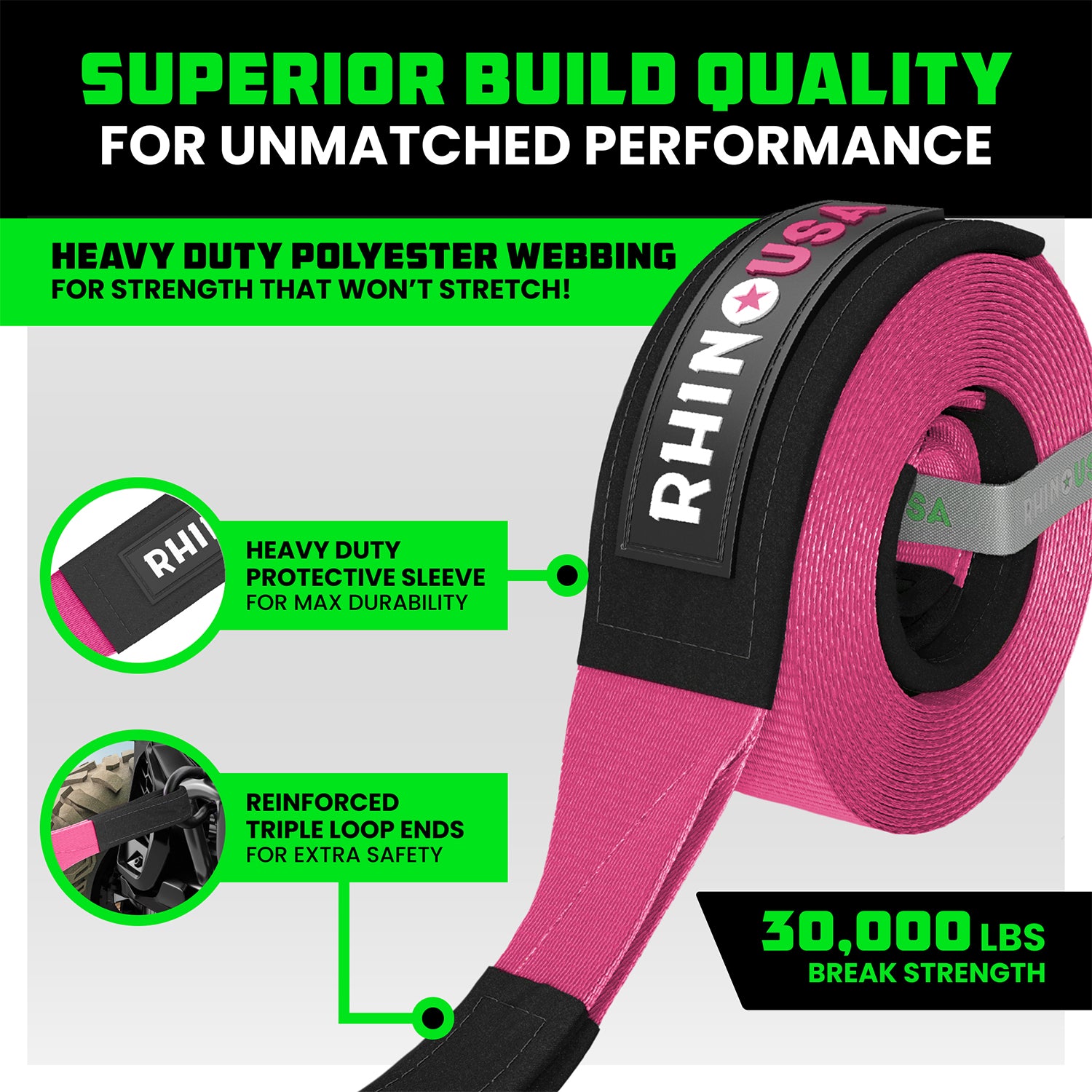 Superior build quality: heavy-duty polyester webbing and reinforced triple loop ends on Rhino USA recovery tow strap