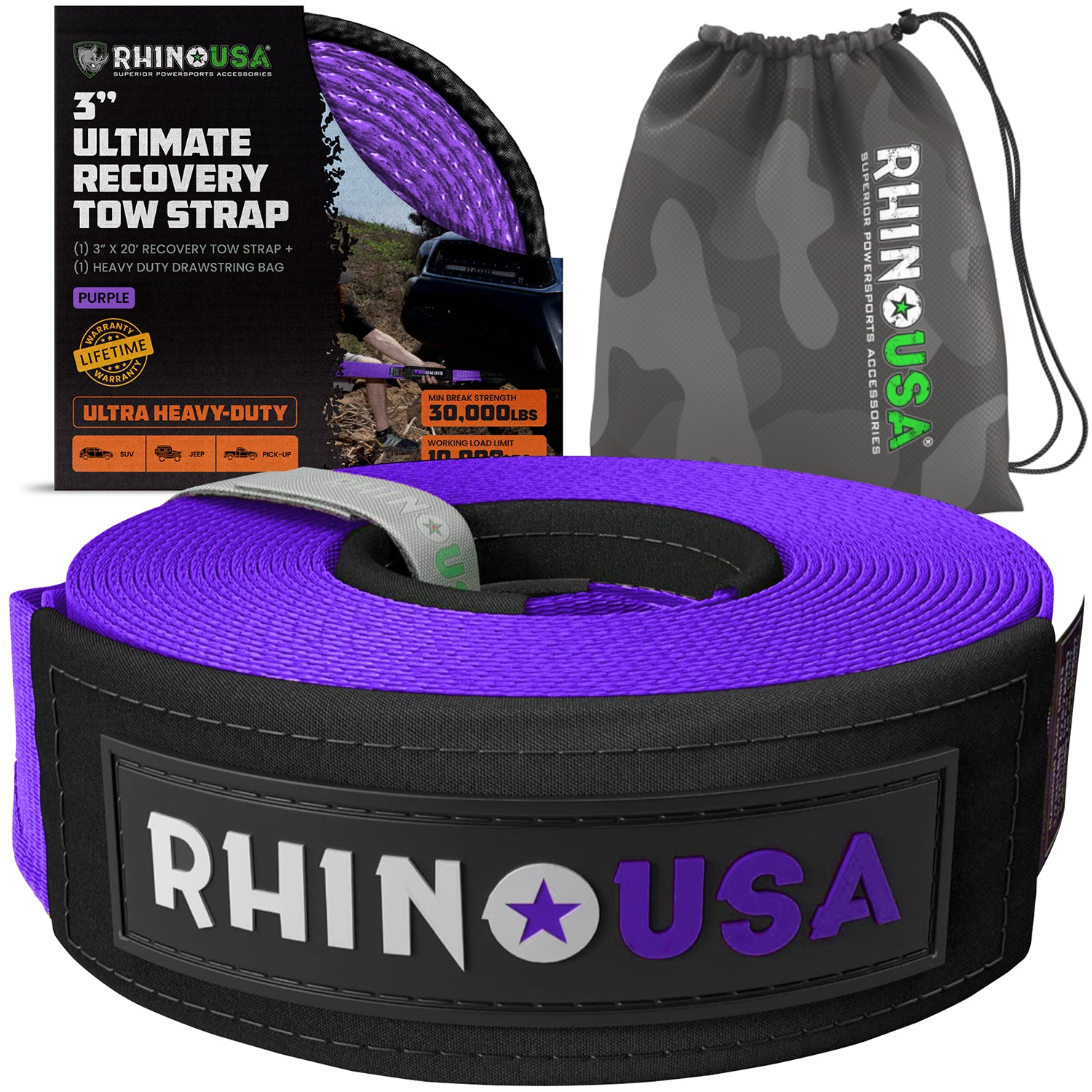 Rhino USA 3 inch by 20 foot ultimate recovery tow strap in purple with camo storage bag