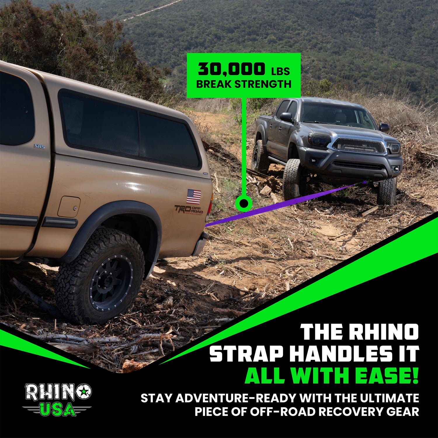 Rhino USA 3 inch recovery tow strap pulling a stuck truck off a rocky trail with 30,000 lb break strength