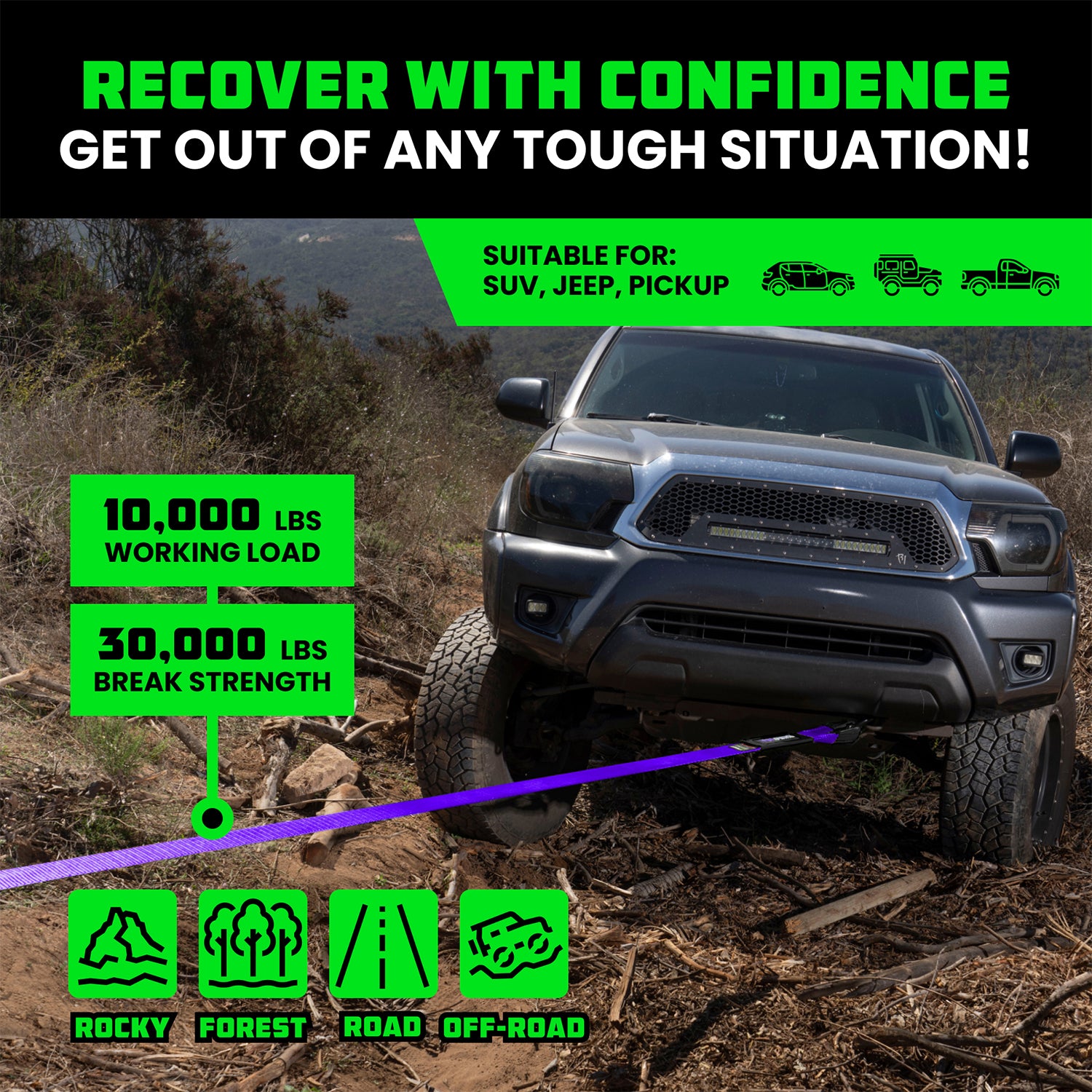 Recover with confidence using Rhino USA 3 inch recovery tow strap with 10,000 lb working load and 30,000 lb break