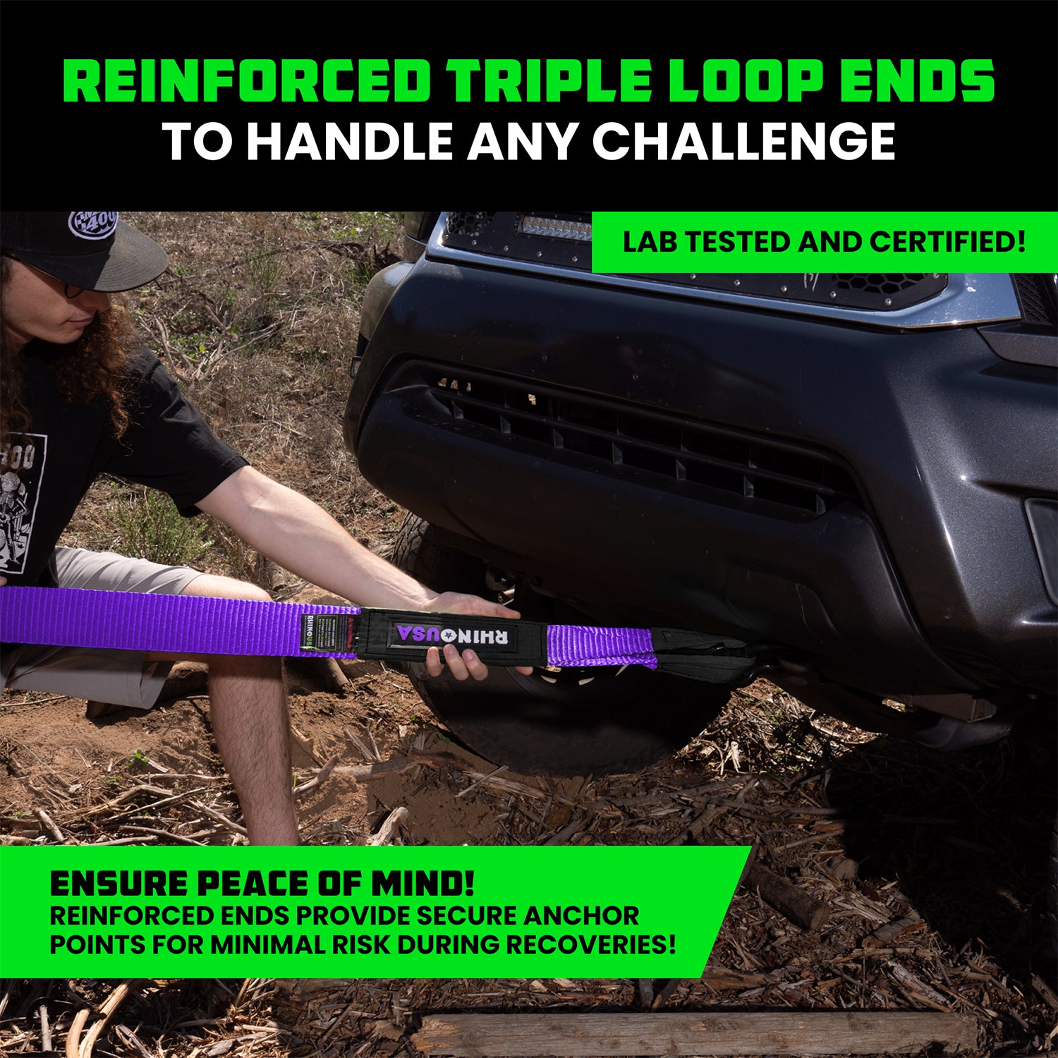 Reinforced triple loop ends on Rhino USA 3 inch recovery tow strap attached to a truck for secure anchor point