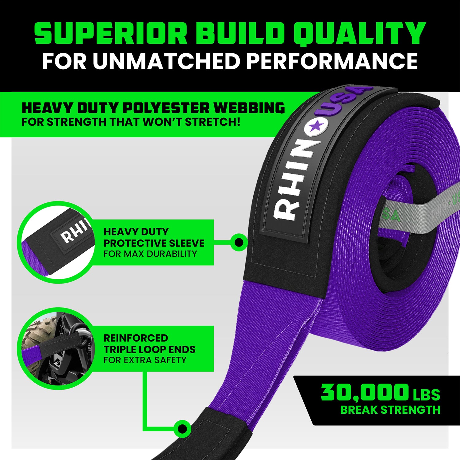 Superior build quality: heavy-duty polyester webbing and reinforced triple loop ends on Rhino USA recovery tow strap