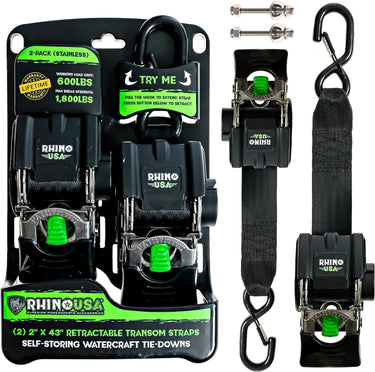 Close-up detail of Rhino USA retractable transom tie-down strap showing ratchet mechanism and S-hook
