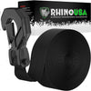 Black boat winch strap coiled next to heavy-duty forged J-hook with Rhino USA branding
