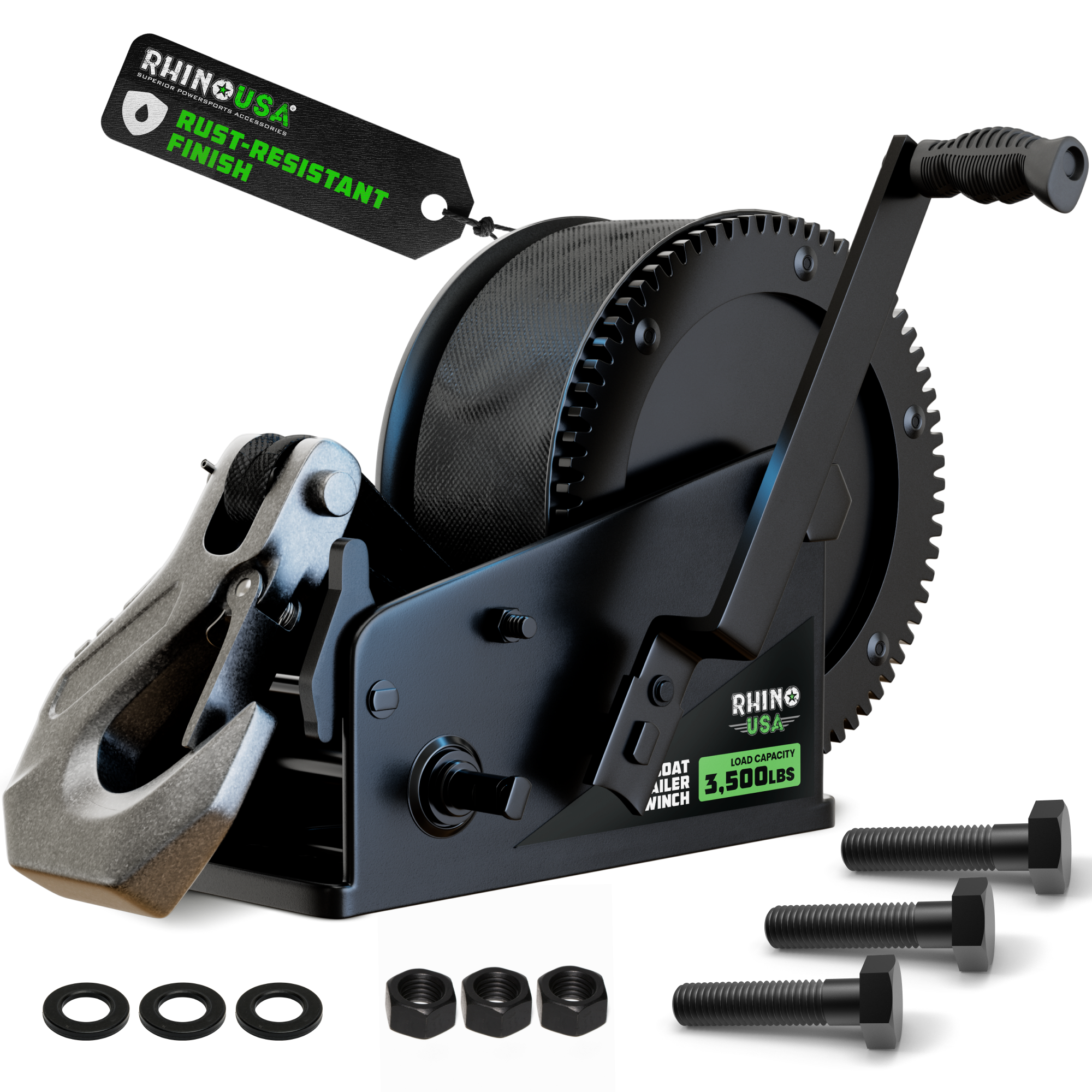 Rhino USA Heavy-Duty Boat Trailer Winch in Black with 3,500lb capacity, hook, and hardware kit
