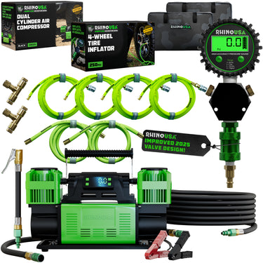 Rhino USA dual cylinder air compressor with 4-wheel inflator bundle, hoses, digital gauge and storage bag