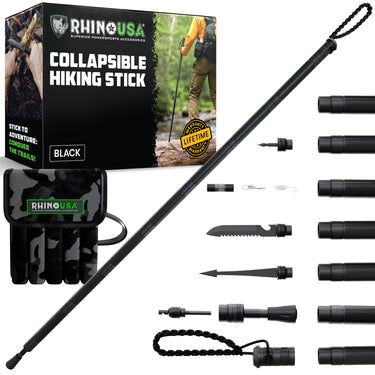 Rhino USA black collapsible hiking stick with nine survival tool accessories and camo storage pouch