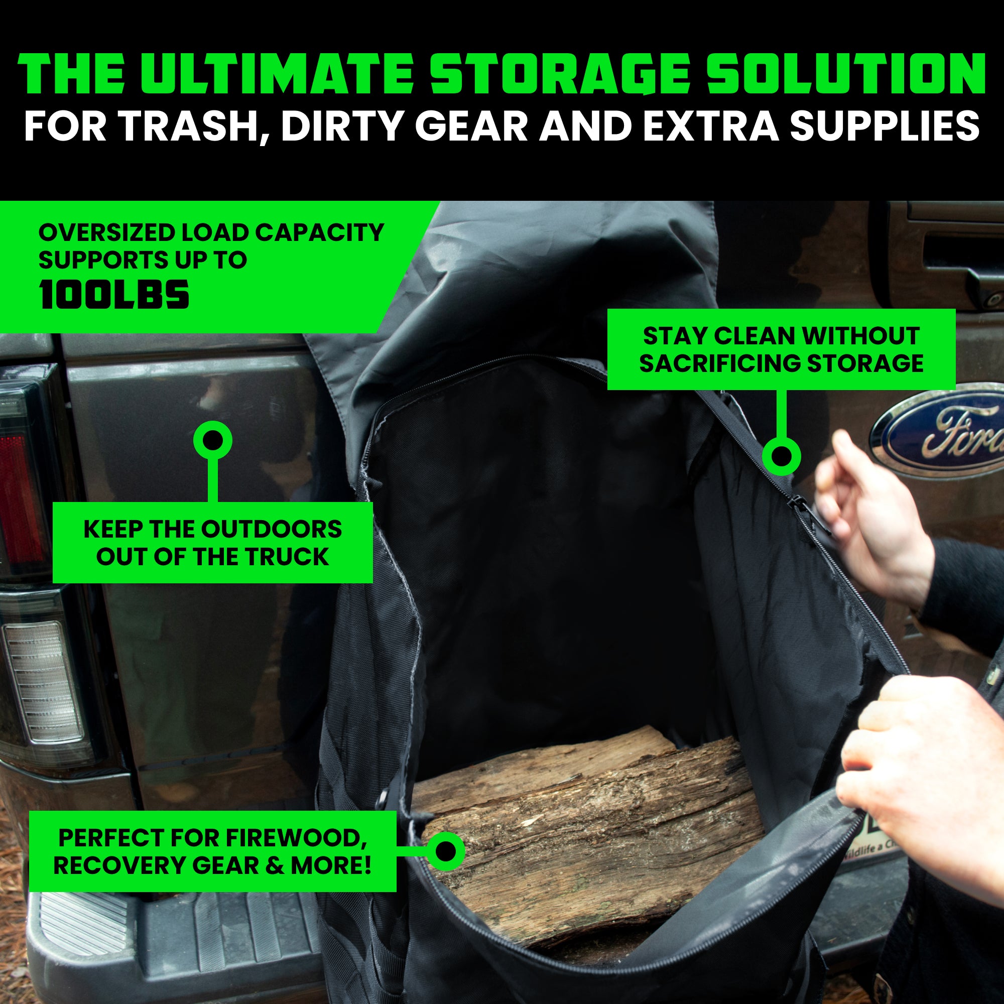 Black tailgate bag holding firewood with 100 pound oversized load capacity