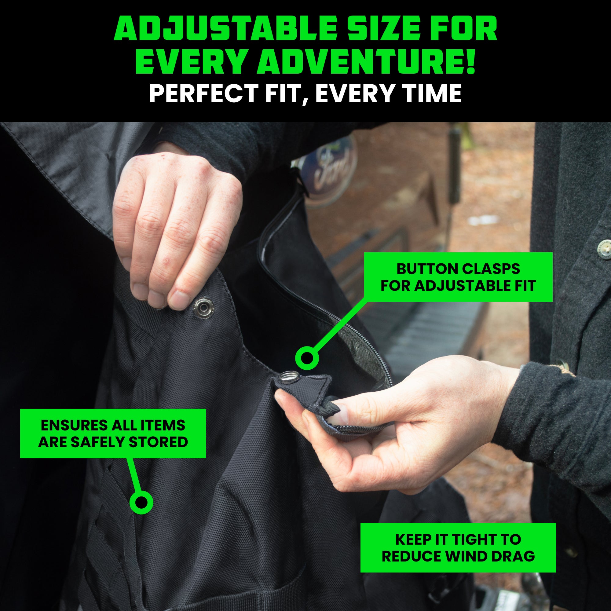 Hands adjusting black tailgate bag button clasps for snug fit that reduces wind drag