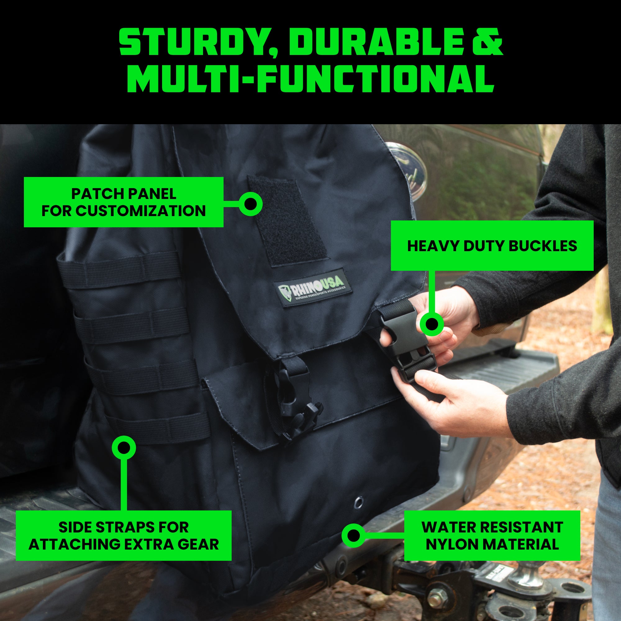 Black tailgate bag showing patch panel, side straps, heavy-duty buckles, water resistant nylon
