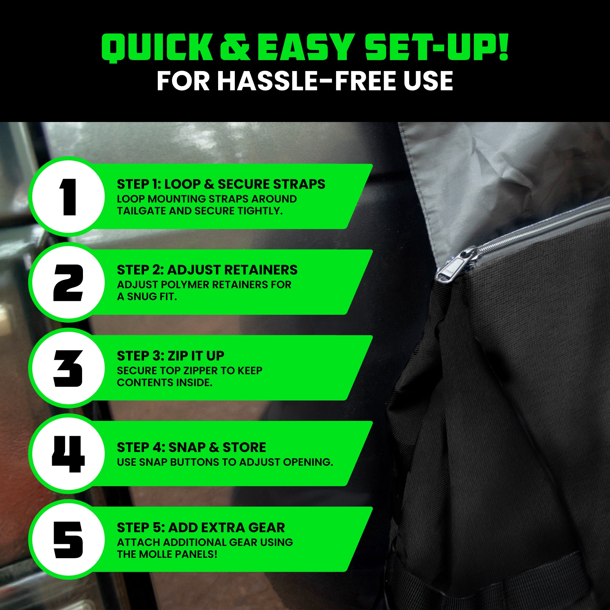 Five-step setup: loop straps, adjust retainers, zip, snap to store, add extra gear via MOLLE
