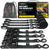 Rhino USA heavy-duty 4-pack ratchet tie-down set in black with 1.6 inch by 8 foot straps, soft loops, and camo bag