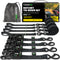 Rhino USA heavy-duty 4-pack ratchet tie-down set in black with 1.6 inch by 8 foot straps, soft loops, and camo bag