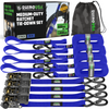Rhino USA 1" x 15' ratchet tie-down kit with blue straps and soft loops, camo bag, and sticker pack