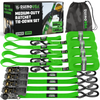 Rhino USA 1" x 15' ratchet tie-down kit with green straps and soft loops, camo bag, and sticker pack