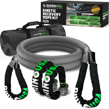 Rhino USA 1 inch by 10 foot kinetic recovery rope kit in gray with soft shackles and heavy-duty carry bag