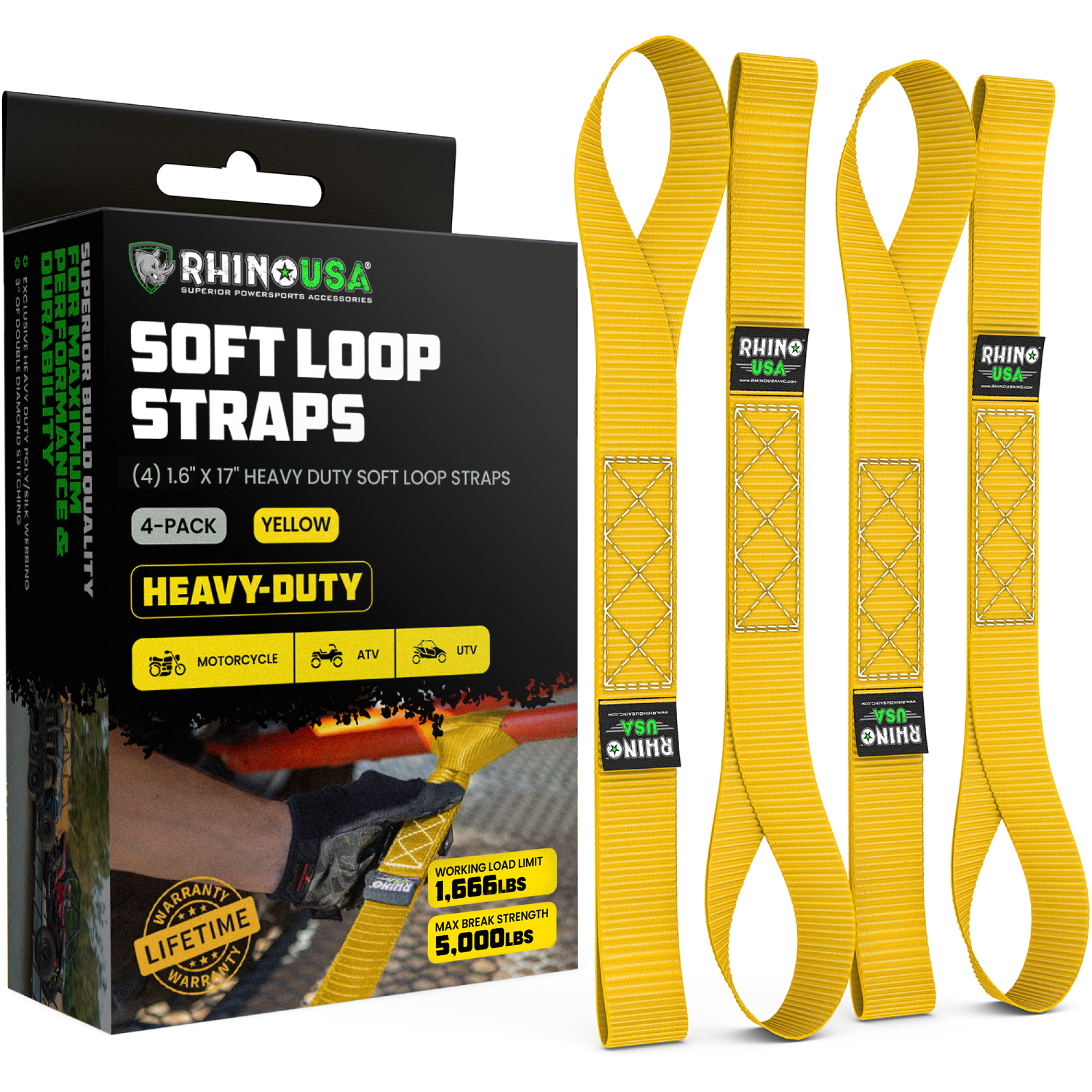 Rhino USA 4-pack heavy-duty motorcycle soft loop straps in yellow, 1.6 inch by 17 inch with 5,000 lb break