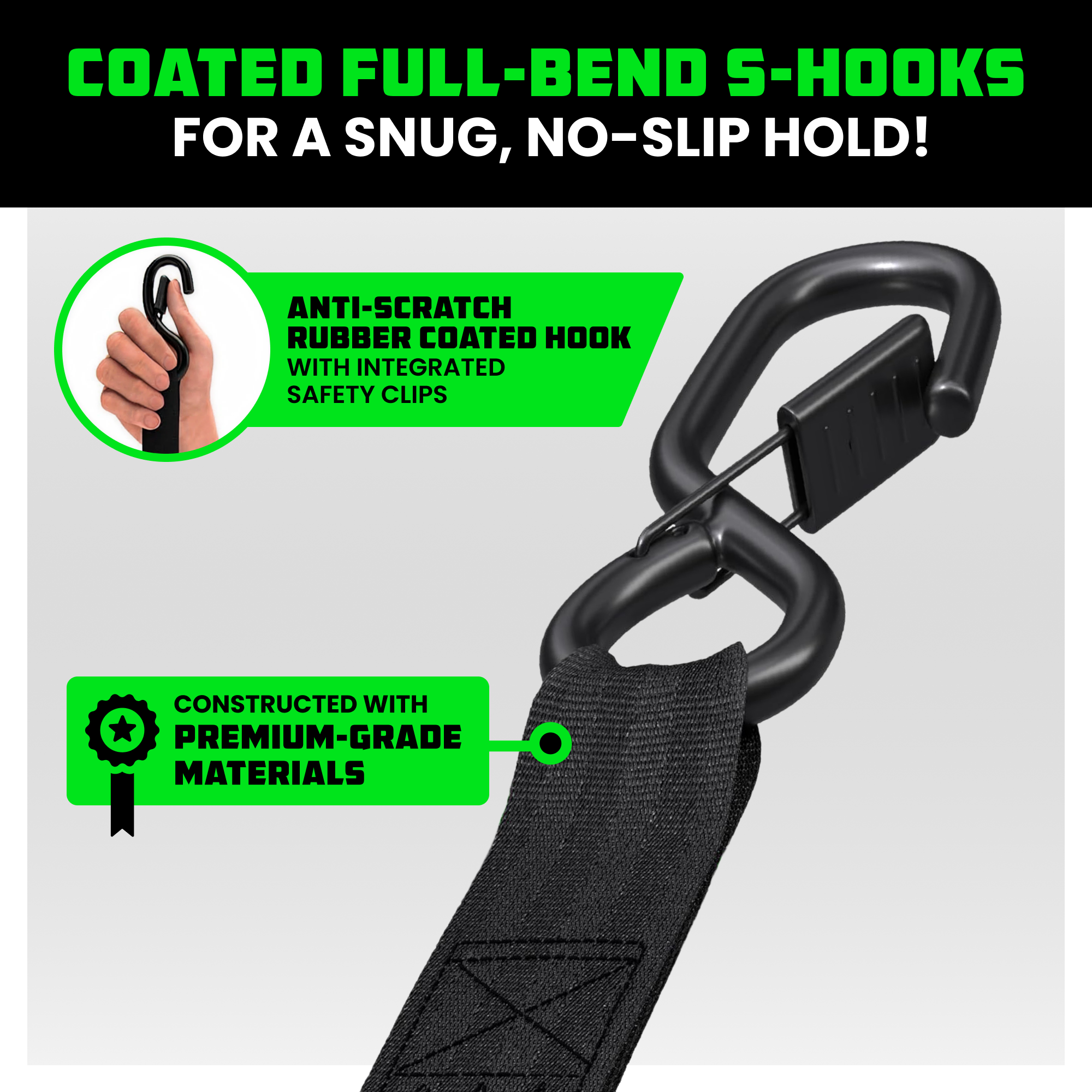 Coated full-bend S-hook with integrated safety clip and anti-scratch rubber on Rhino USA extension strap