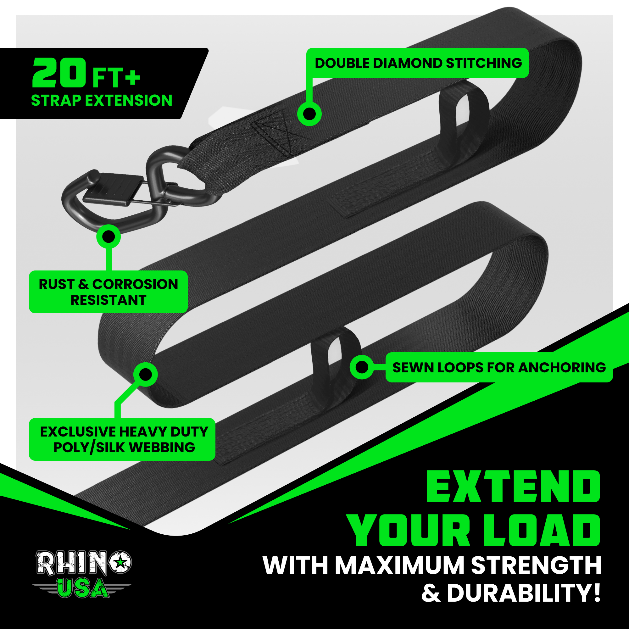 Rhino USA 20 foot extension strap with heavy-duty poly/silk webbing, sewn loops, and double diamond stitching