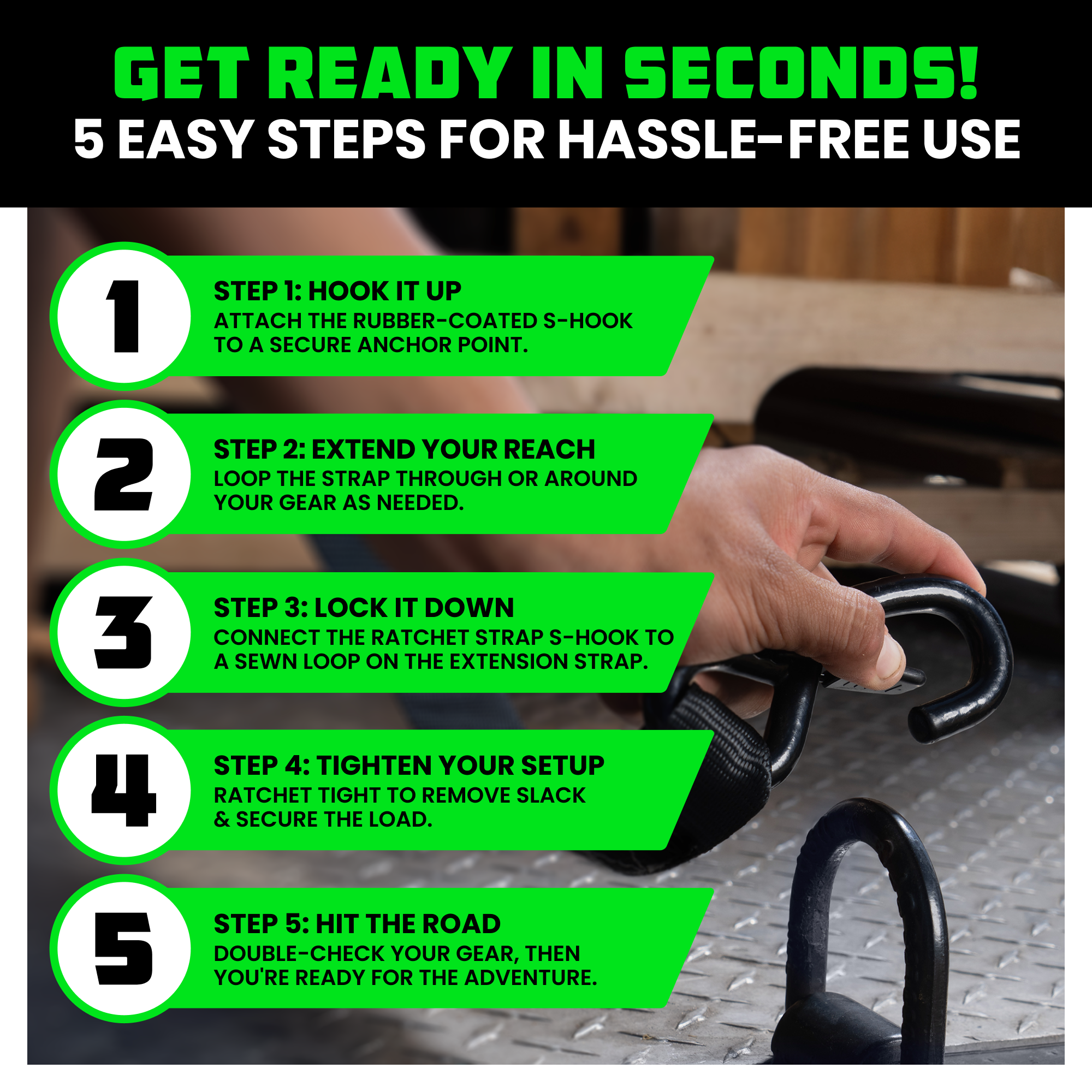 Five-step guide to use Rhino USA extension tie-down strap: hook, extend, lock, tighten, hit the road