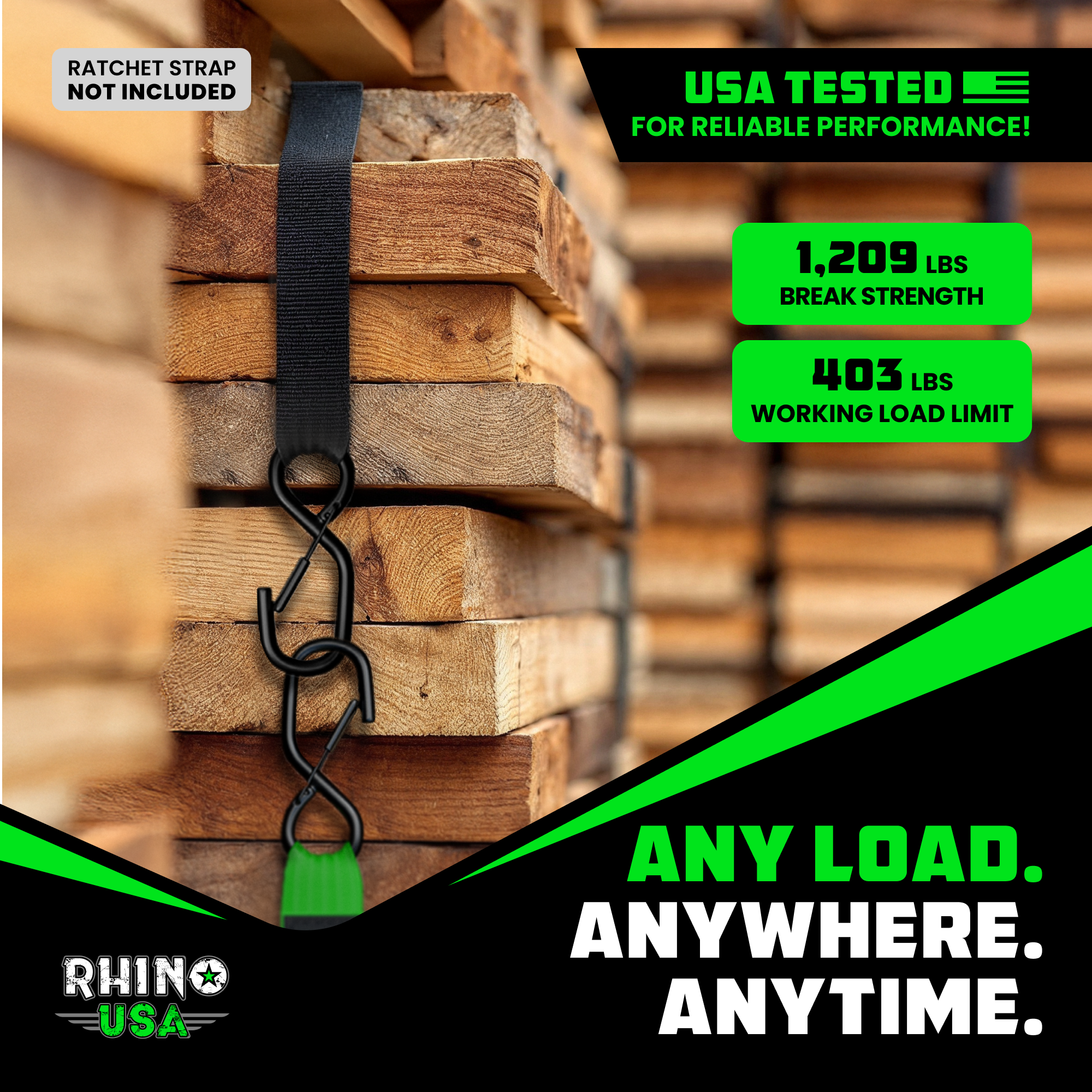 Rhino USA extension strap with 3,033 lb break strength and 1,011 lb working load limit, USA tested