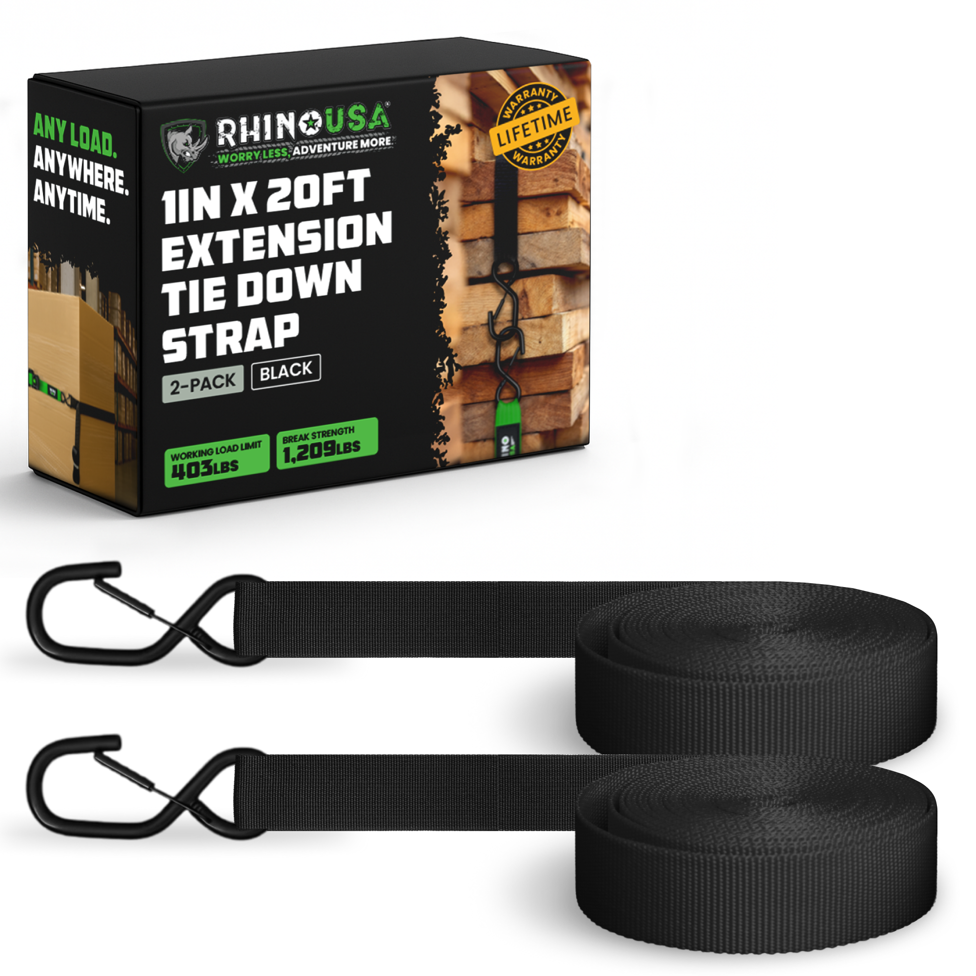 Rhino USA 1 inch by 20 foot extension tie-down strap 2-pack in black with S-hooks and retail box