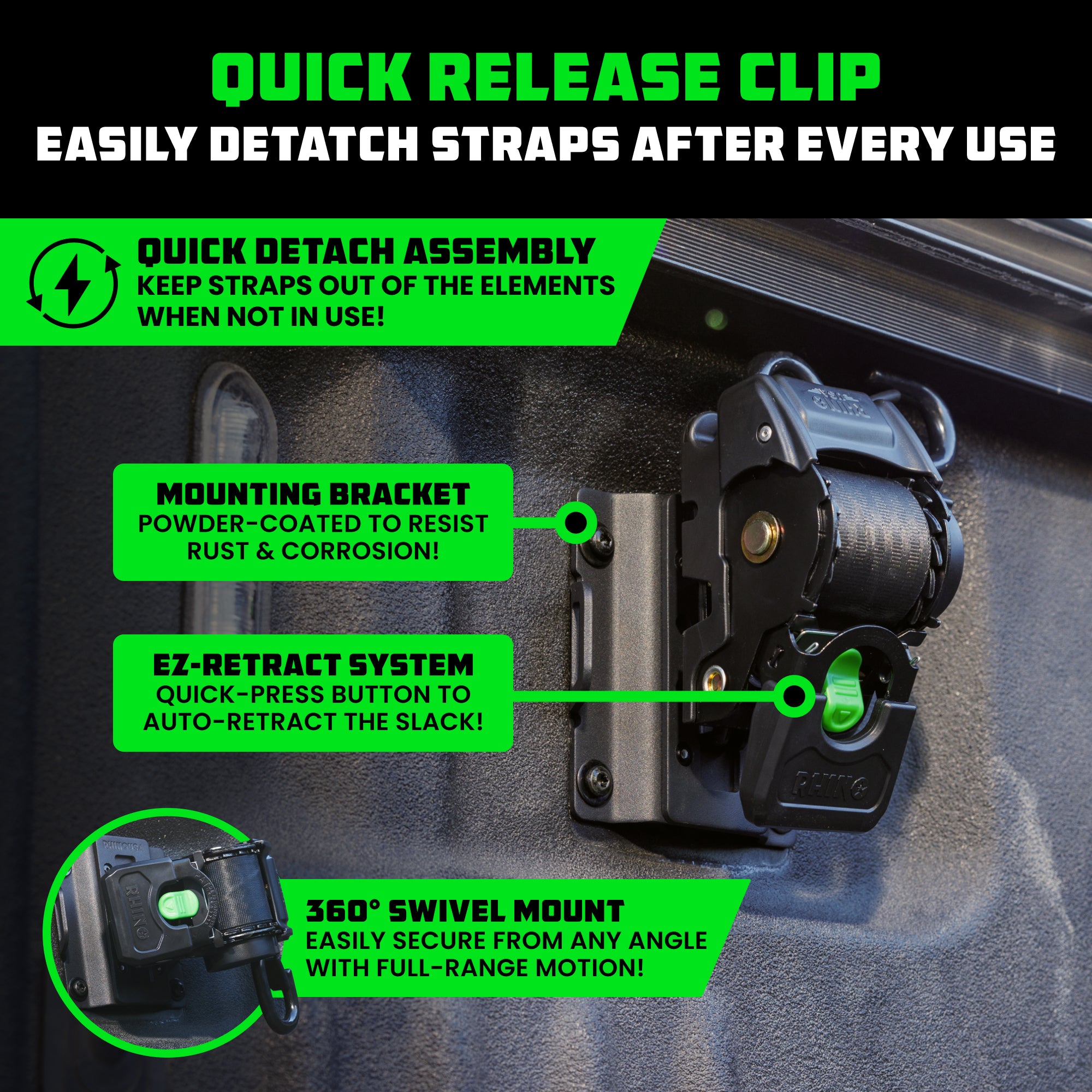 Quick Release Clip mounting bracket with 360 degree swivel and EZ-Retract system in Ford truck bed