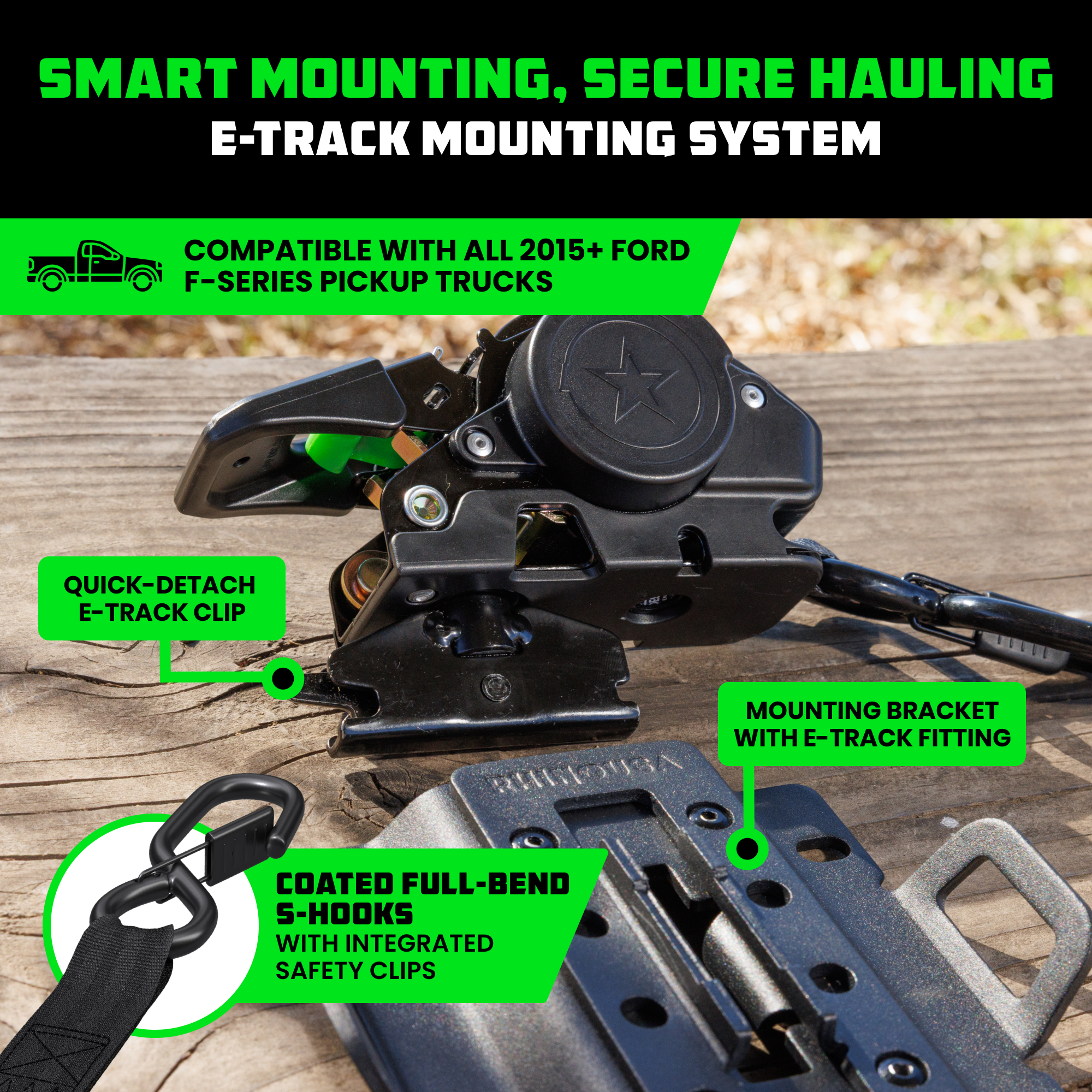 Smart Mounting e-track fitting and quick-detach clip on Rhino USA ICM retractable strap for Ford