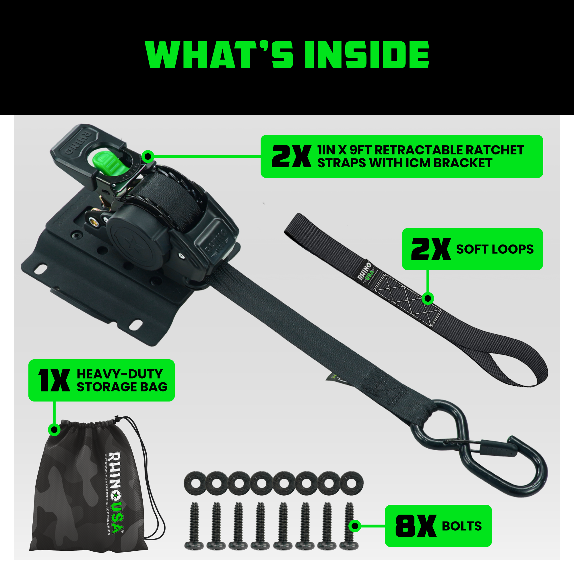 Whats-inside kit with ICM ratchet strap pair, soft loops, storage bag and mounting bolts for Ford trucks