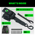 Whats-inside kit with ICM ratchet strap pair, soft loops, storage bag and mounting bolts for Ford trucks