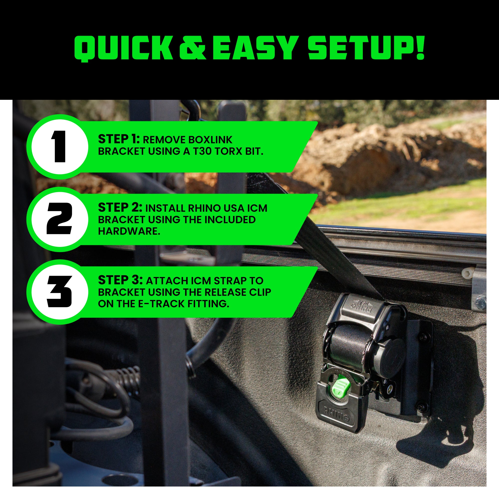 Three-step ICM bracket setup in Ford truck bed: remove BoxLink, install Rhino USA bracket, attach strap