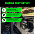 Three-step ICM bracket setup in Ford truck bed: remove BoxLink, install Rhino USA bracket, attach strap