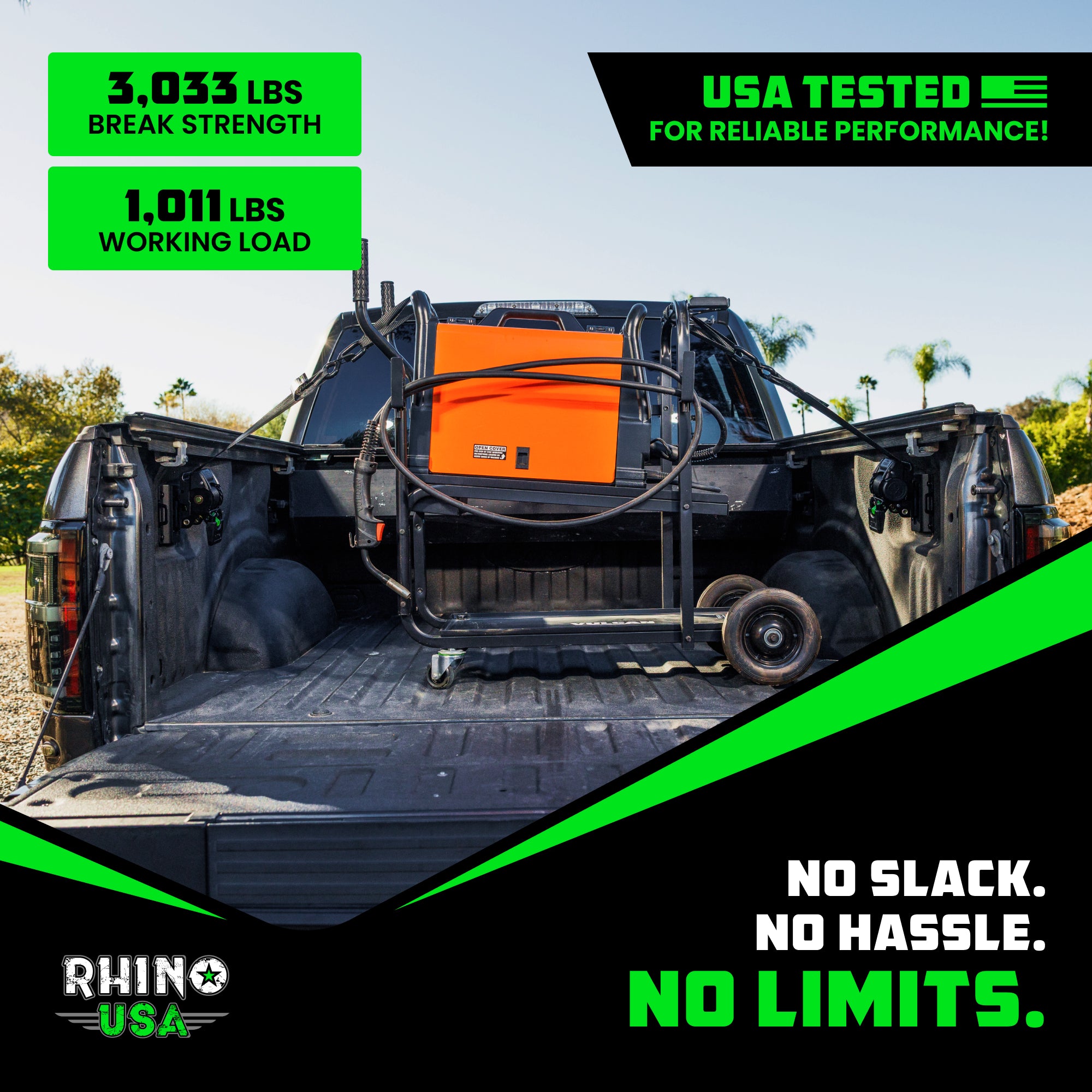 Rhino USA 2 inch ICM retractable ratchet straps securing heavy equipment in a Ford truck bed, 1,011 lb working load