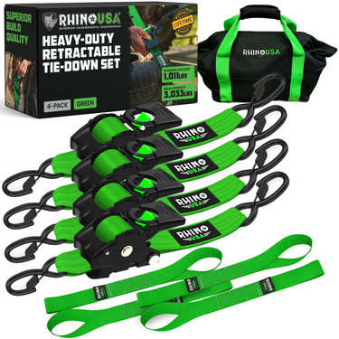 2 inch by 10 foot Rhino USA retractable ratchet straps 4-pack in green with storage bag