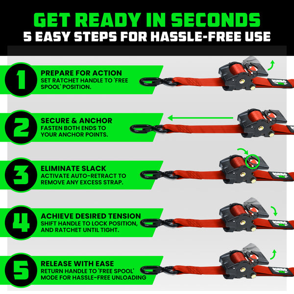 2" x 10' Retractable Ratchet Straps