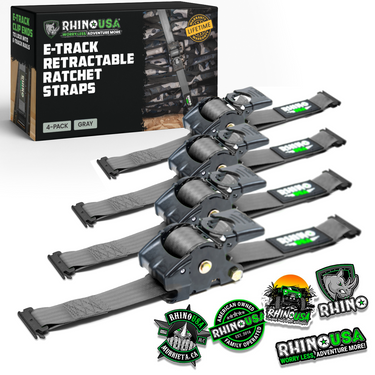 4-pack of Rhino USA 2 inch by 10 foot retractable e-track ratchet straps in gray with storage bag