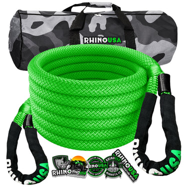 Rhino USA kinetic energy recovery rope in green, 1 inch by 30 foot, with heavy-duty carry bag and loop ends